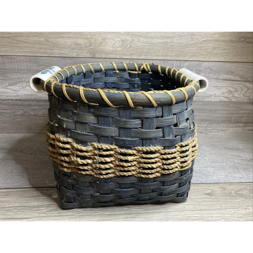 Vintage Bamboo Woven Basket Blue With Porcelain Handle